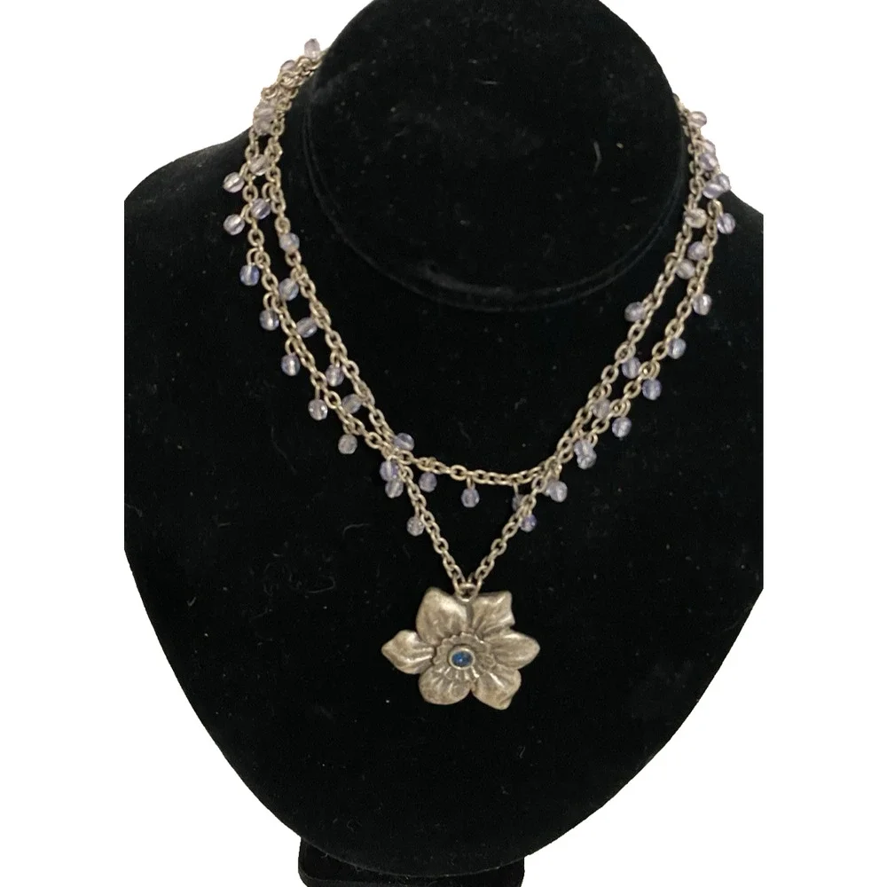 Vtg Costume Jewelry 18 in Flower Pendant Necklace Blue Jewel Cottage Core